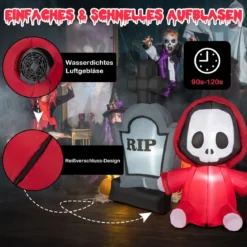 150 cm großer Aufblasbarer Halloweengeist mit Sichel und Grabstein mit LED-Lichtern