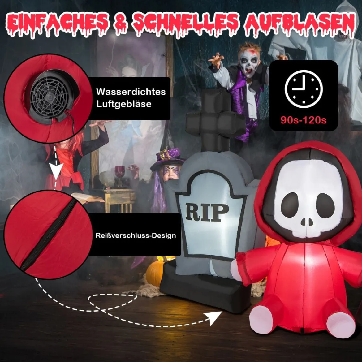 150 cm großer Aufblasbarer Halloweengeist mit Sichel und Grabstein mit LED-Lichtern