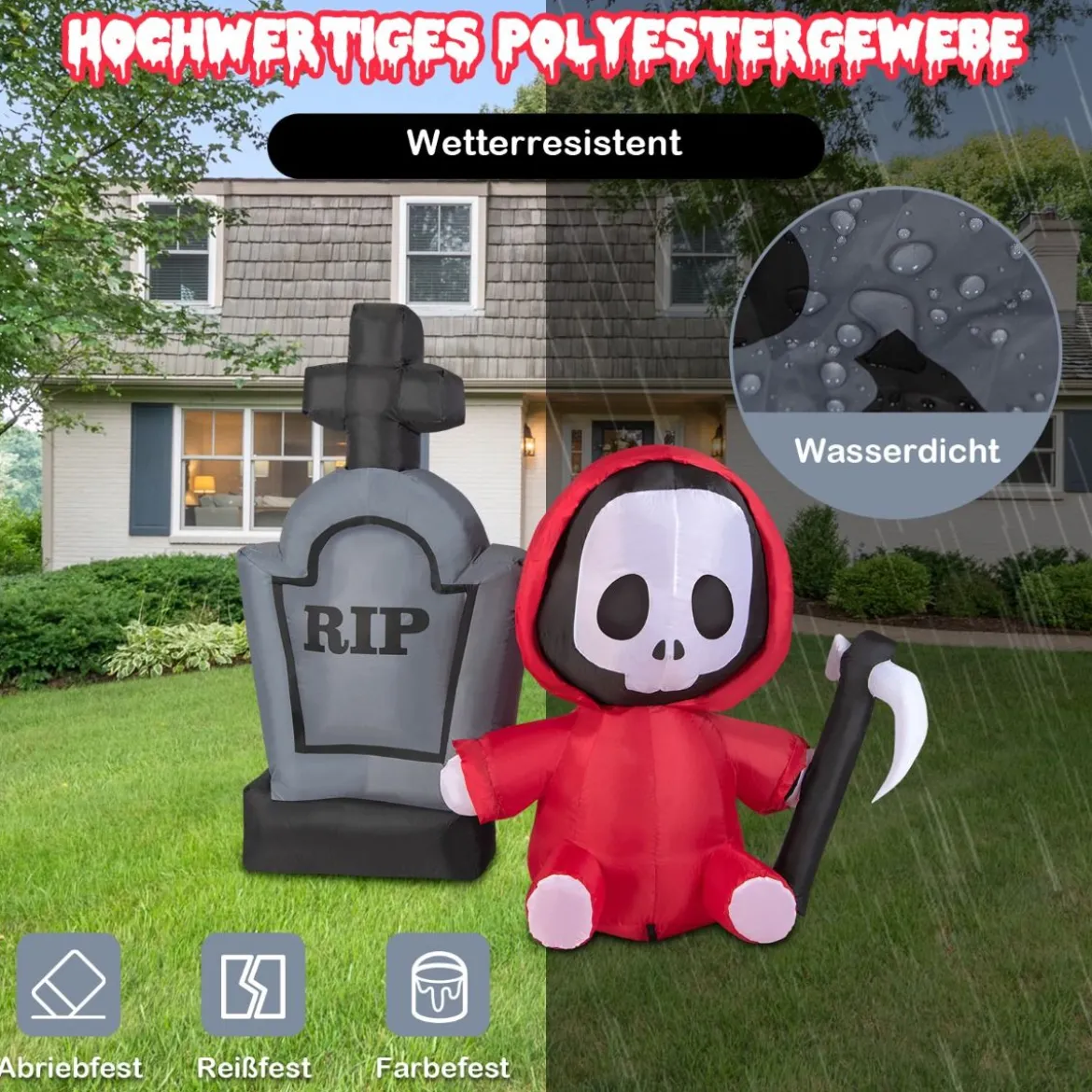 150 cm großer Aufblasbarer Halloweengeist mit Sichel und Grabstein mit LED-Lichtern