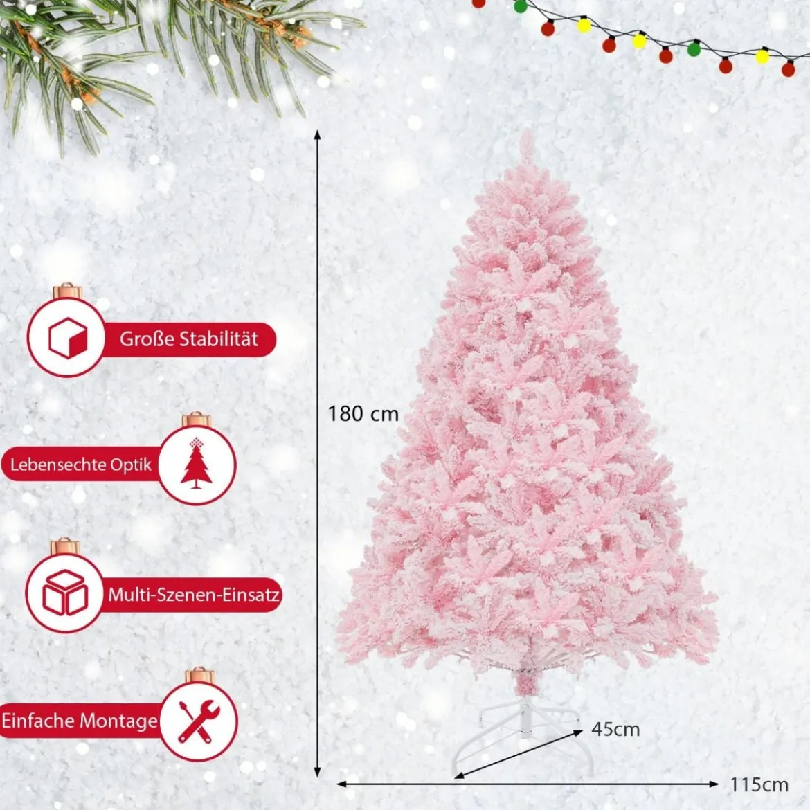 180 cm Großer Beflockter künstlicher Weihnachtsbaum mit 808 PVC-Astspitzen 350 LED-Lichtern und 8 Beleuchtungsmodi