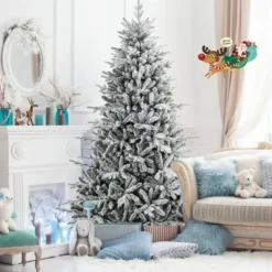 218 cm großer beflockter Weihnachtsbaum künstlicher Christbaum mit 8 Lichtmodi 350 mehrfarbigen LED-Lichtern