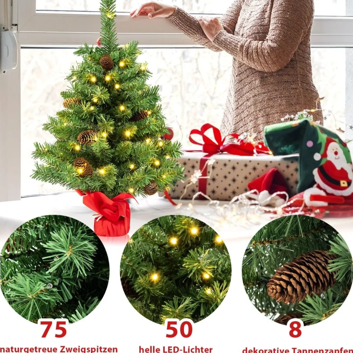 64 cm Großer Beleuchteter Mini-Weihnachtsbaum Tischbaum mit 50 LED-Lichtern Grün
