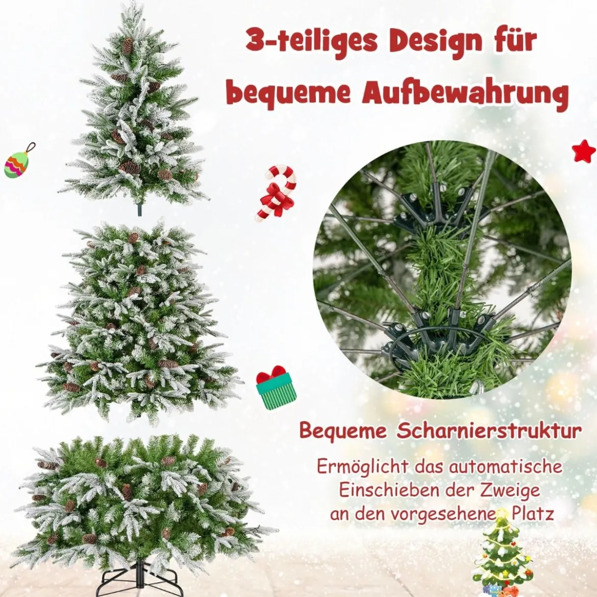 225 cm großer beleuchteter Weihnachtsbaum, schneebedeckter Festtagsbaum mit Scharnierstruktur
