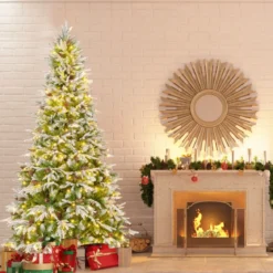 225 cm großer beleuchteter Weihnachtsbaum, schneebedeckter Festtagsbaum mit Scharnierstruktur
