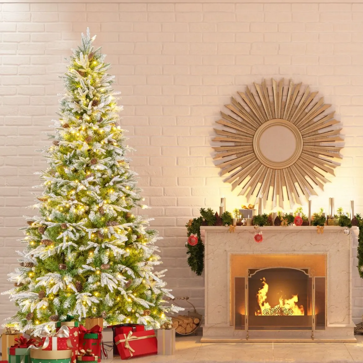 225 cm großer beleuchteter Weihnachtsbaum, schneebedeckter Festtagsbaum mit Scharnierstruktur