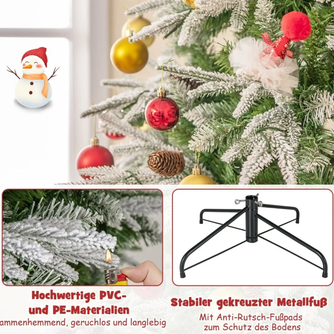 225 cm großer beleuchteter Weihnachtsbaum, schneebedeckter Festtagsbaum mit Scharnierstruktur
