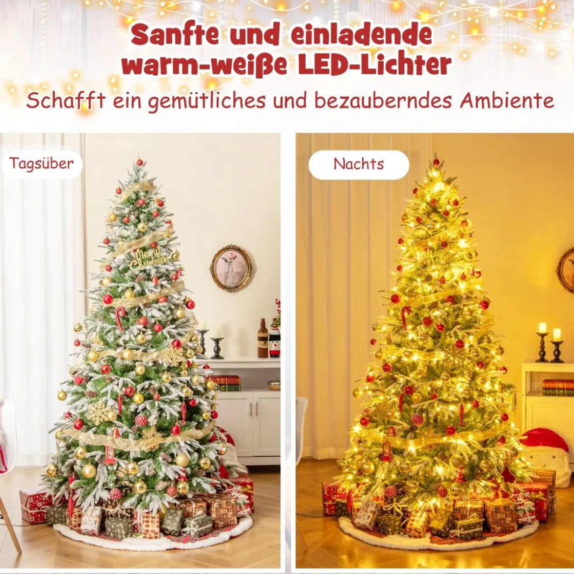 225 cm großer beleuchteter Weihnachtsbaum, schneebedeckter Festtagsbaum mit Scharnierstruktur