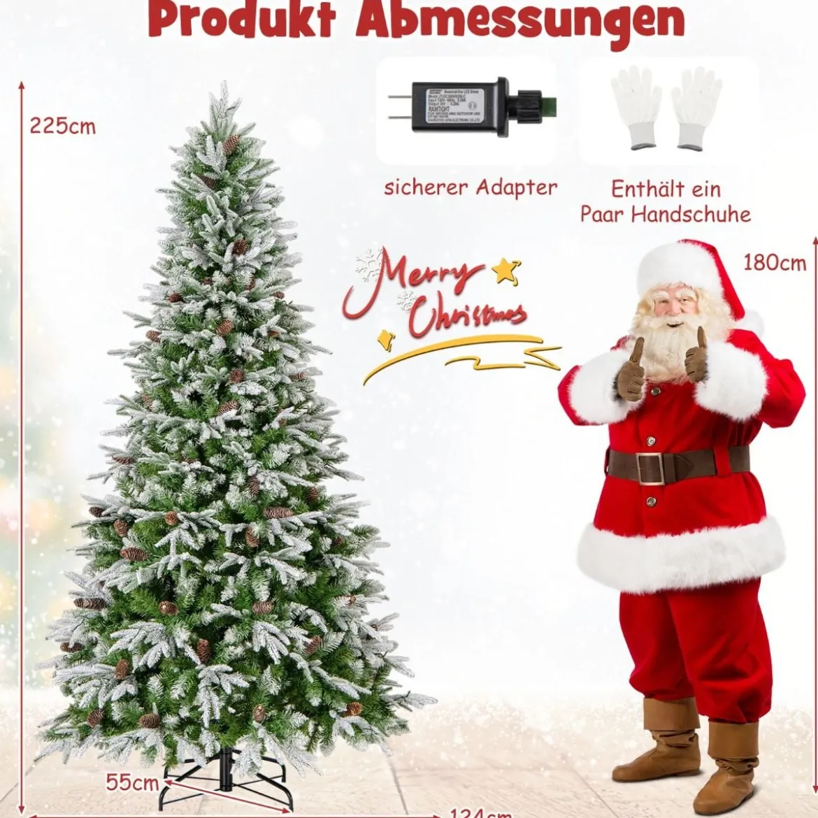 225 cm großer beleuchteter Weihnachtsbaum, schneebedeckter Festtagsbaum mit Scharnierstruktur