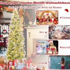 225 cm großer beleuchteter Weihnachtsbaum schneebedeckter Festtagsbaum in Bleistiftform