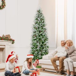 225 cm großer beleuchteter Weihnachtsbaum schneebedeckter Festtagsbaum in Bleistiftform