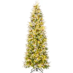 225 cm großer beleuchteter Weihnachtsbaum schneebedeckter Festtagsbaum in Bleistiftform