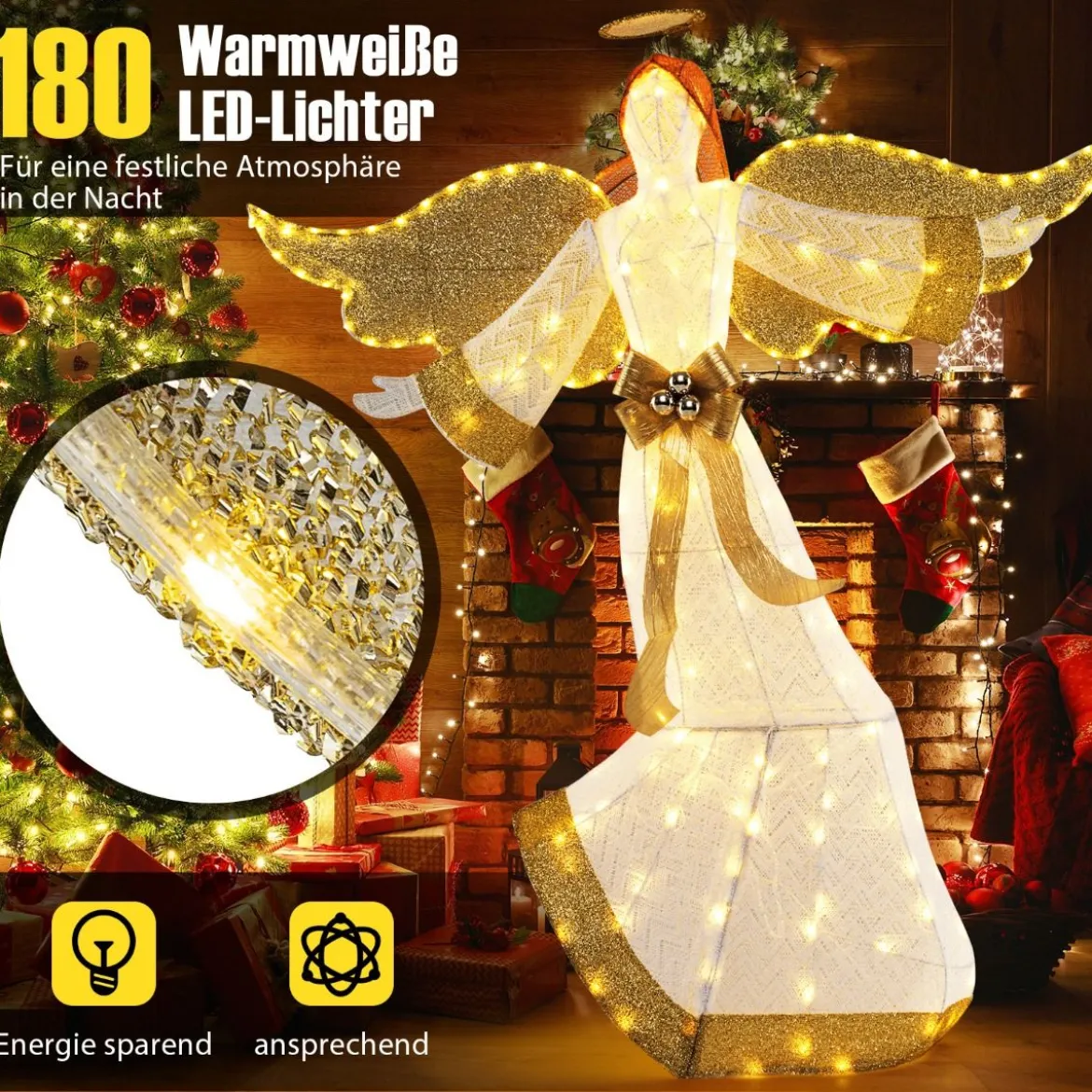 160 cm großer beleuchteter Weihnachtsengel Leuchtende Engelsfigur mit Heiligenschein Warmweiß