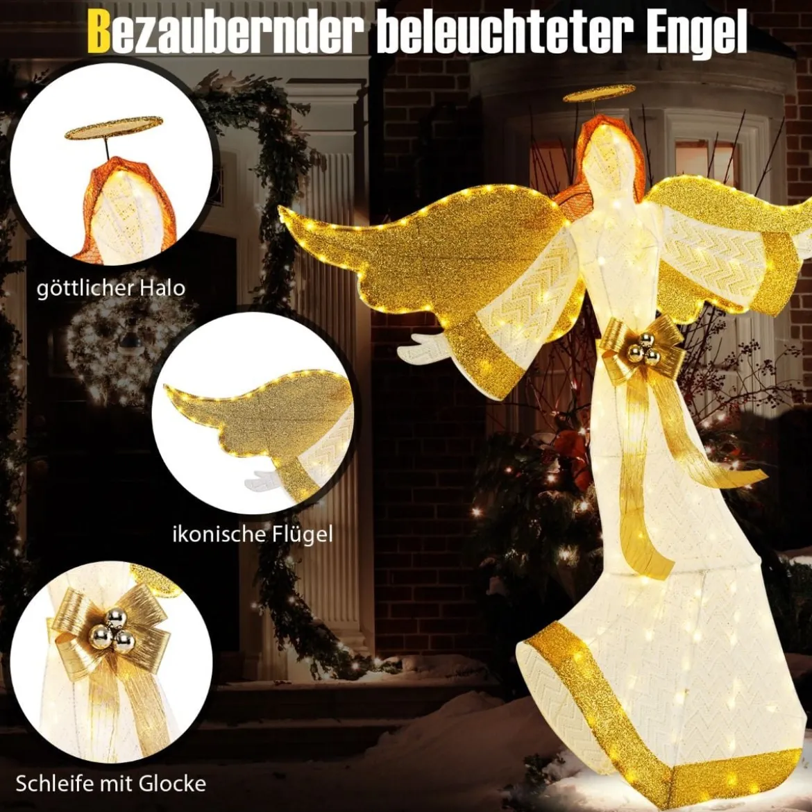 160 cm großer beleuchteter Weihnachtsengel Leuchtende Engelsfigur mit Heiligenschein Warmweiß