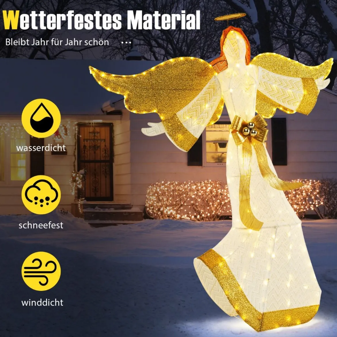 160 cm großer beleuchteter Weihnachtsengel Leuchtende Engelsfigur mit Heiligenschein Warmweiß