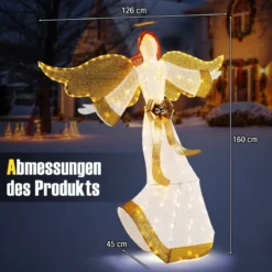 160 cm großer beleuchteter Weihnachtsengel Leuchtende Engelsfigur mit Heiligenschein Warmweiß