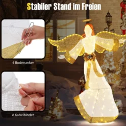 160 cm großer beleuchteter Weihnachtsengel Leuchtende Engelsfigur mit Heiligenschein Warmweiß