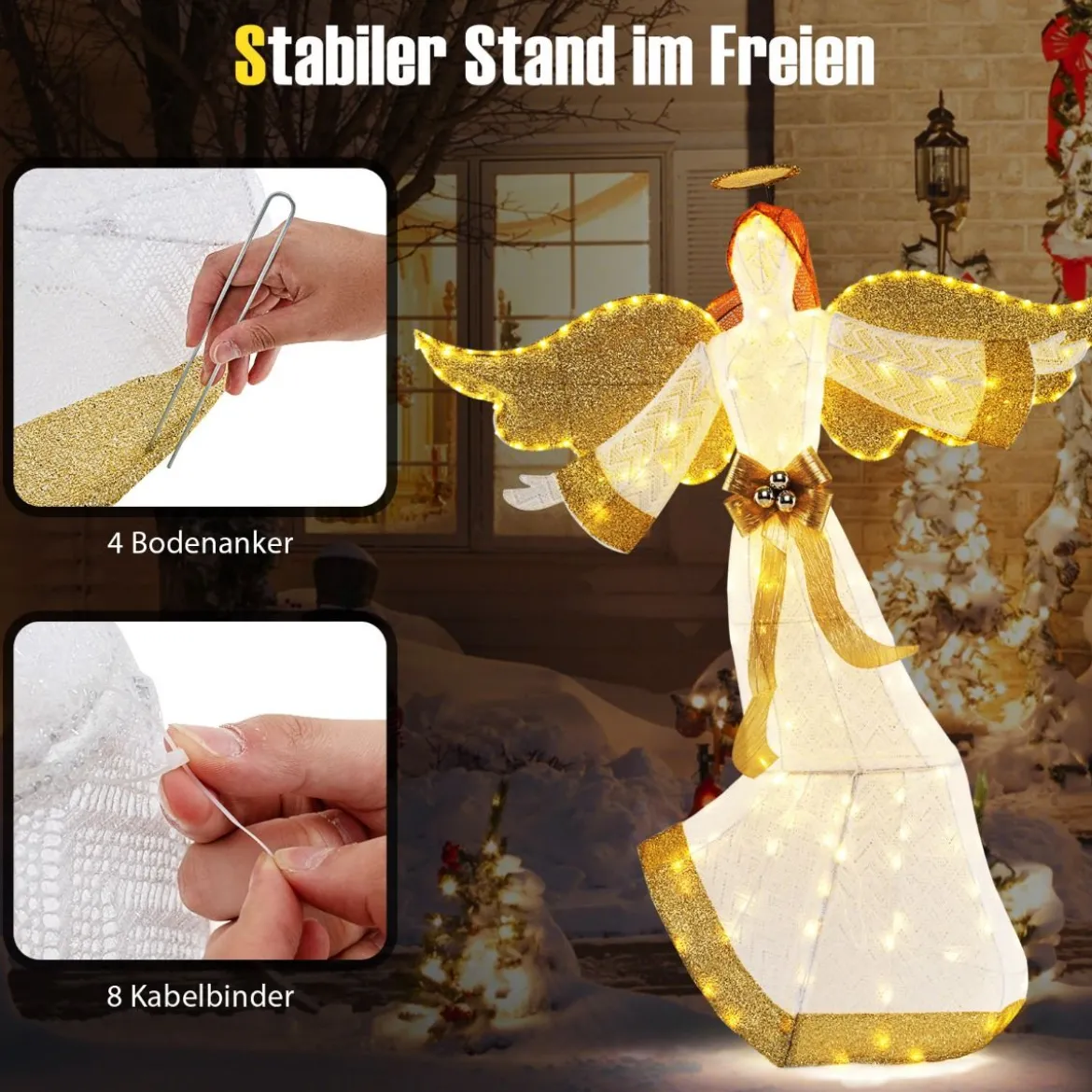 160 cm großer beleuchteter Weihnachtsengel Leuchtende Engelsfigur mit Heiligenschein Warmweiß