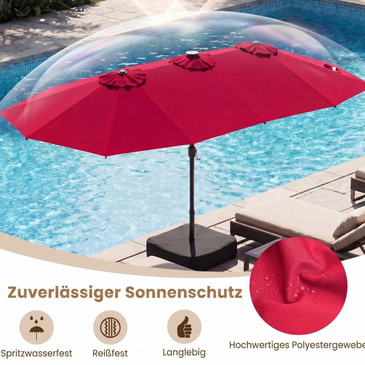 470 cm Großer Doppel-Terrassenschirm mit 48 Solar-LED-Lichtern & Basis Außenschirm