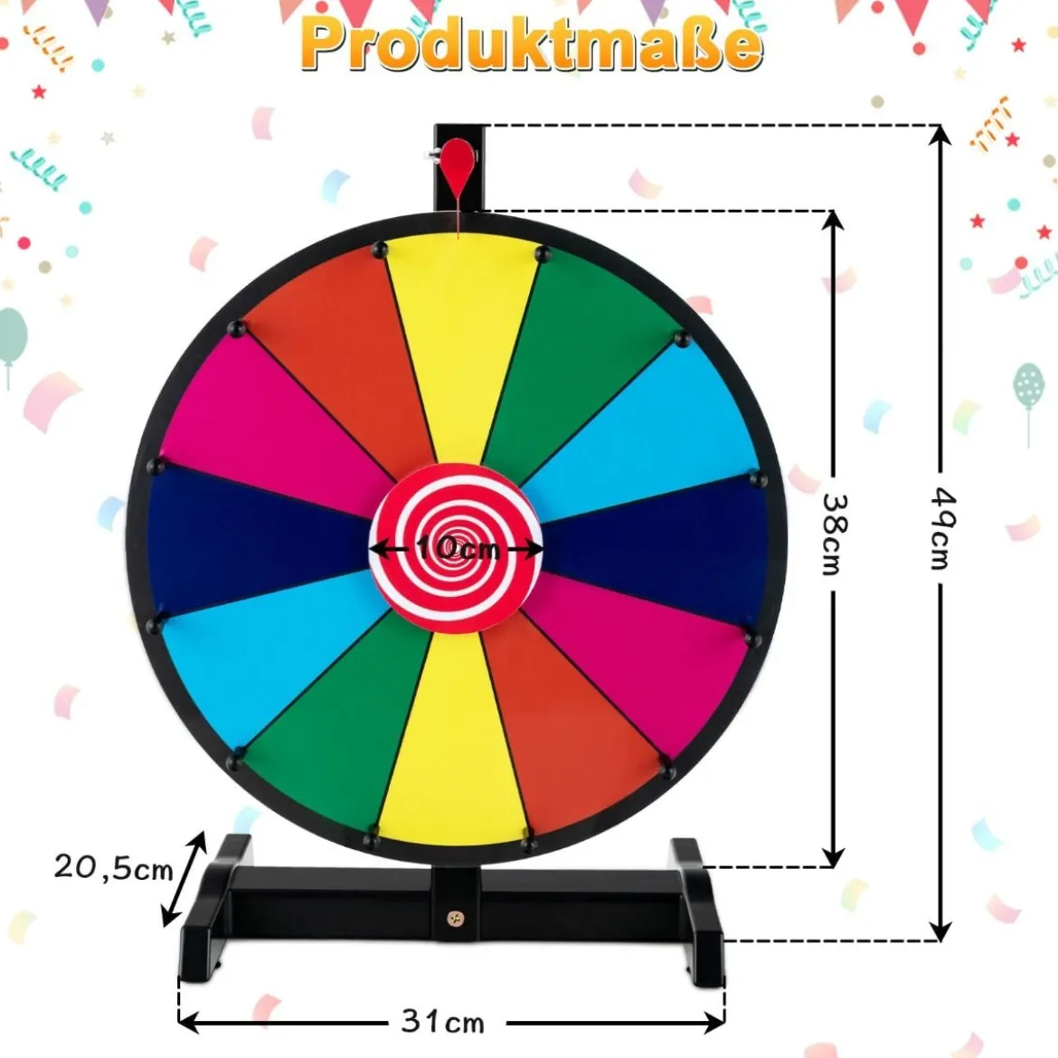 38 cm Großes Glücksrad mit 12 Feldern Tisch-Spinnrad für Preise Bunt