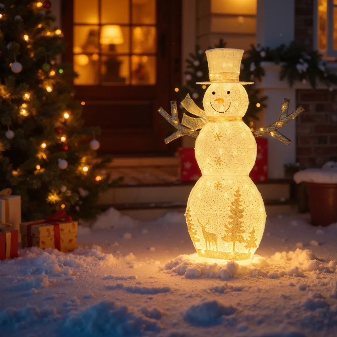 141 cm groß LED Schneemann Weihnachtsdeko mit 100 Warmweißen LED-Lichtern & Hut & Schal