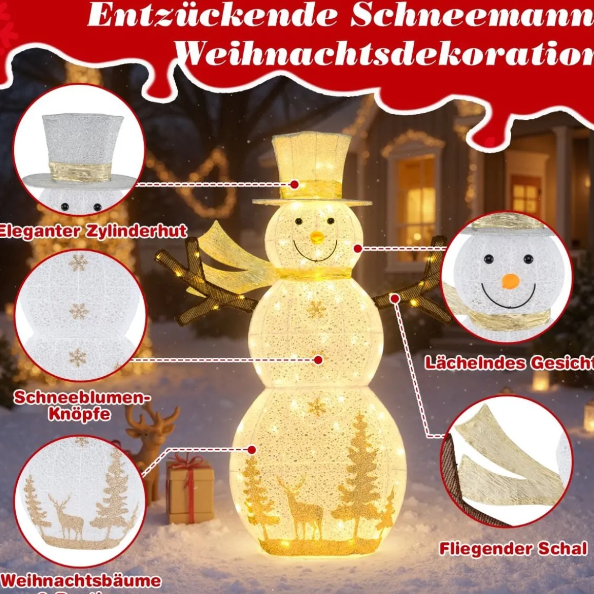 141 cm groß LED Schneemann Weihnachtsdeko mit 100 Warmweißen LED-Lichtern & Hut & Schal