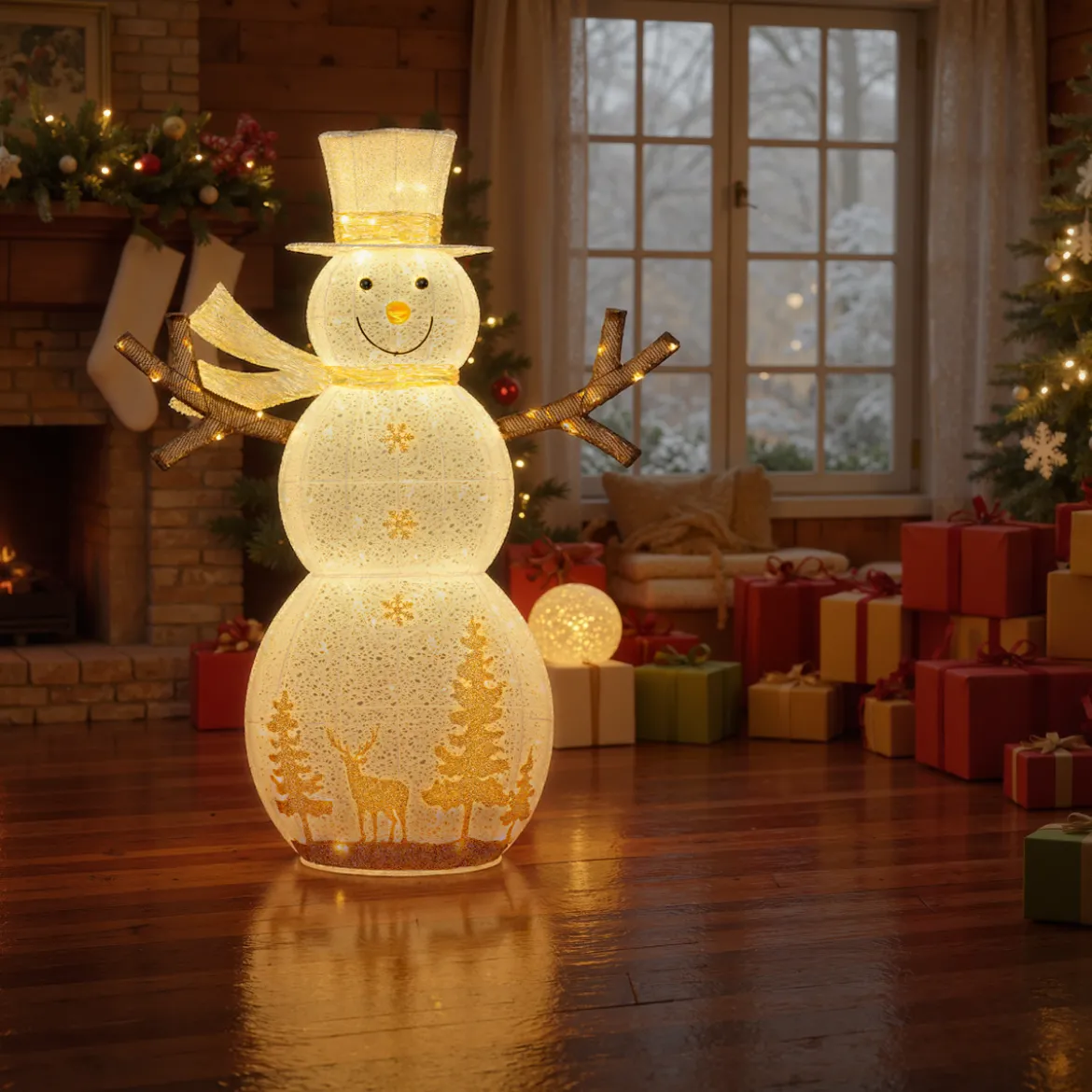 141 cm groß LED Schneemann Weihnachtsdeko mit 100 Warmweißen LED-Lichtern & Hut & Schal