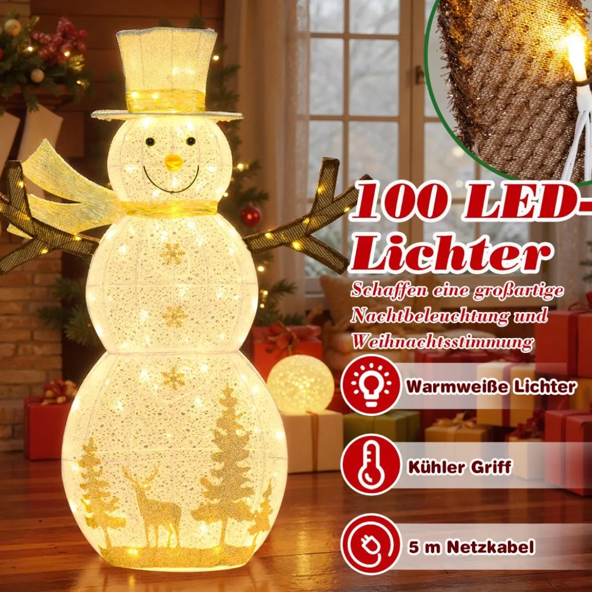 141 cm groß LED Schneemann Weihnachtsdeko mit 100 Warmweißen LED-Lichtern & Hut & Schal