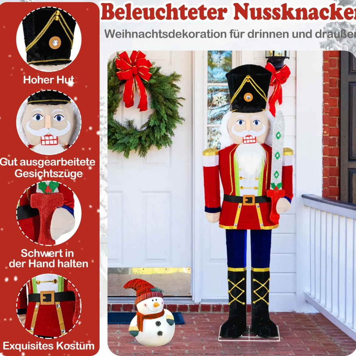 157 cm groß Weihnachten Nussknacker Figur mit 100 LED-Lichtern Beleuchtete Weihnachtsdeko XXL