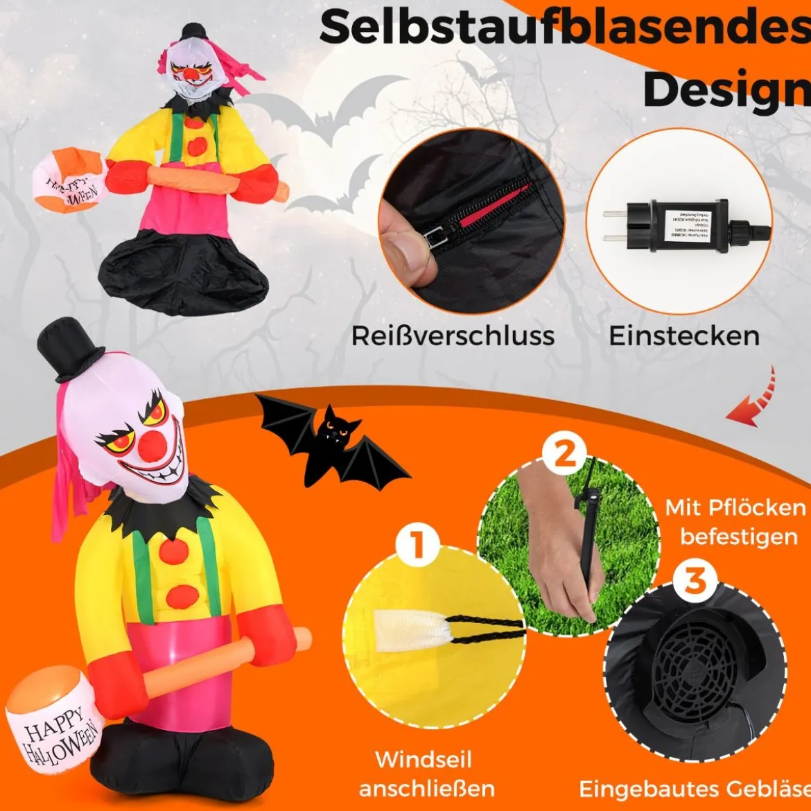 180CM Halloween Deko Outdoor LED Aufblasbarer Clown Halloween-Geist mit schüttelnendem Kopf