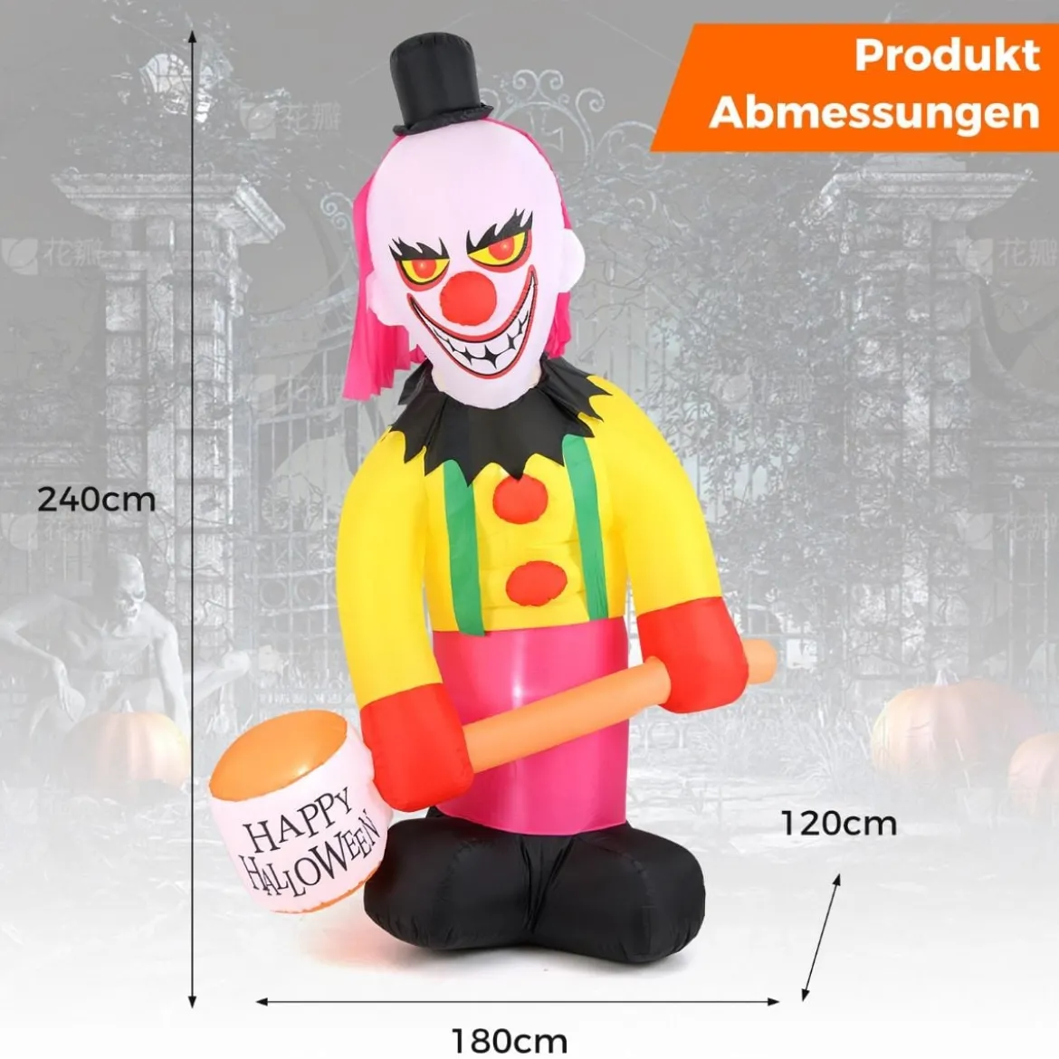 180CM Halloween Deko Outdoor LED Aufblasbarer Clown Halloween-Geist mit schüttelnendem Kopf