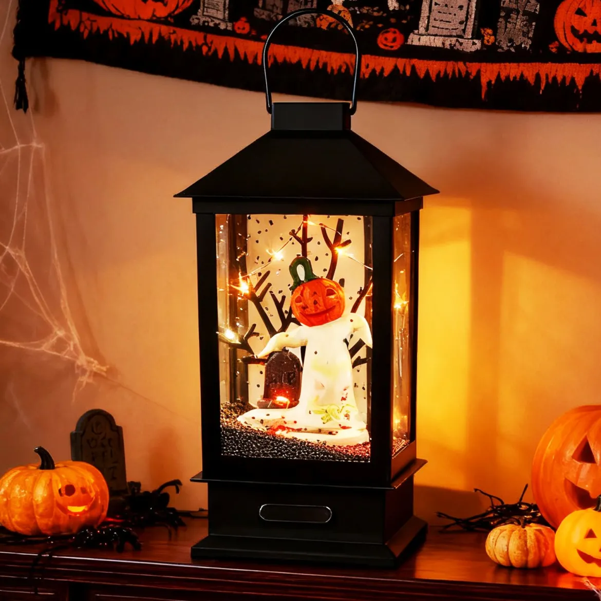 155 cm Halloween Deko Straßenlampe mit 6-farbigen LED-Leuchten & Musik & Schwarzem Schneeeffekt