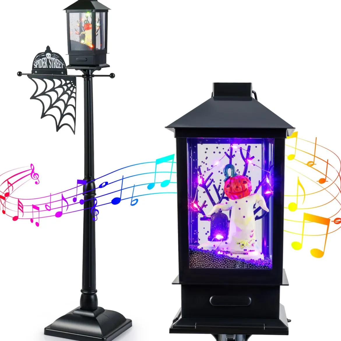 155 cm Halloween Deko Straßenlampe mit 6-farbigen LED-Leuchten & Musik & Schwarzem Schneeeffekt
