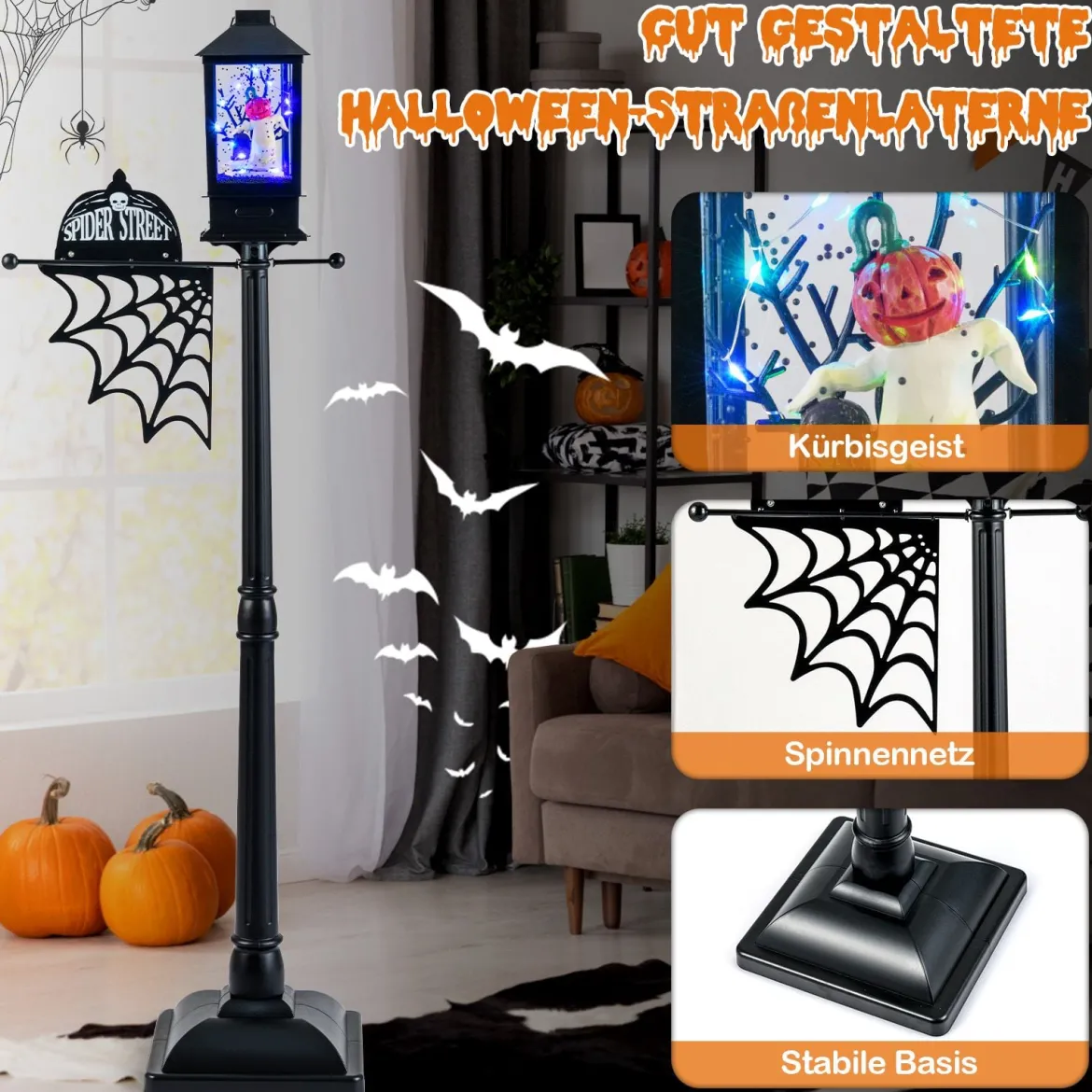 155 cm Halloween Deko Straßenlampe mit 6-farbigen LED-Leuchten & Musik & Schwarzem Schneeeffekt