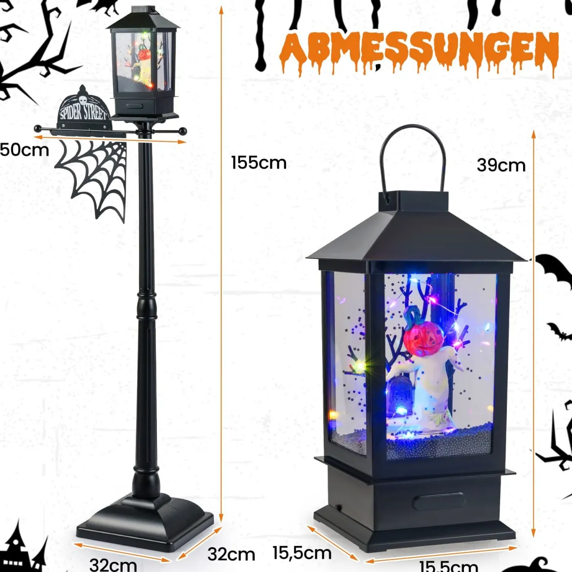 155 cm Halloween Deko Straßenlampe mit 6-farbigen LED-Leuchten & Musik & Schwarzem Schneeeffekt