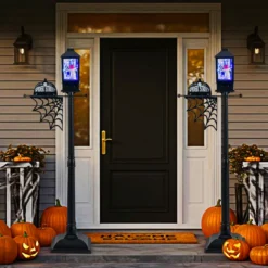 155 cm Halloween Deko Straßenlampe mit 6-farbigen LED-Leuchten & Musik & Schwarzem Schneeeffekt
