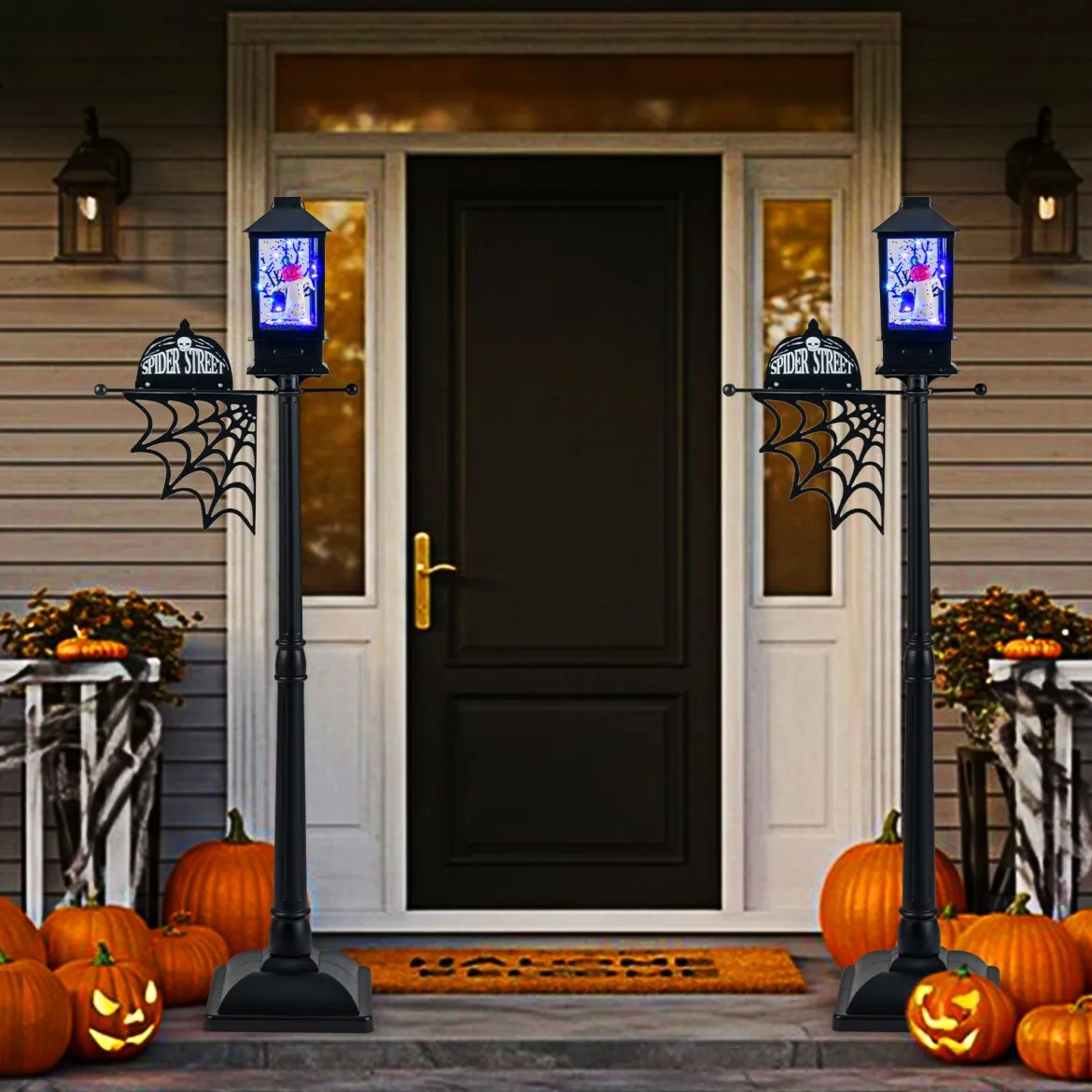 155 cm Halloween Deko Straßenlampe mit 6-farbigen LED-Leuchten & Musik & Schwarzem Schneeeffekt