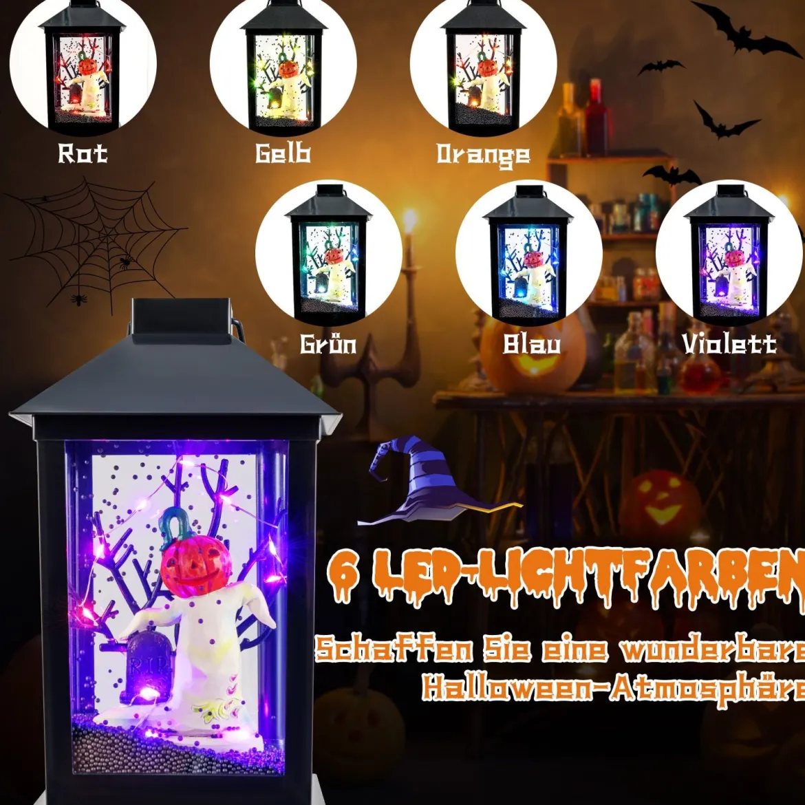 155 cm Halloween Deko Straßenlampe mit 6-farbigen LED-Leuchten & Musik & Schwarzem Schneeeffekt