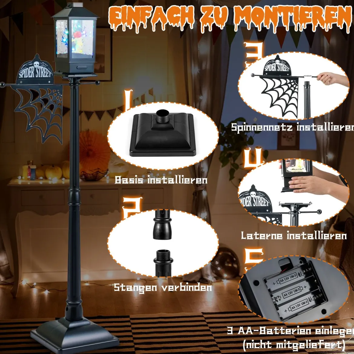 155 cm Halloween Deko Straßenlampe mit 6-farbigen LED-Leuchten & Musik & Schwarzem Schneeeffekt