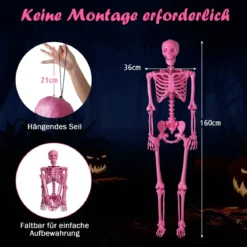 160 CM Halloween Skelett lebensgroß posierbares Skelett mit beweglichen Gelenken Halloween Dekoration Rosa