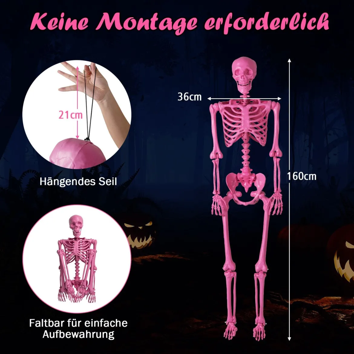 160 CM Halloween Skelett lebensgroß posierbares Skelett mit beweglichen Gelenken Halloween Dekoration Rosa