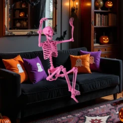 160 CM Halloween Skelett lebensgroß posierbares Skelett mit beweglichen Gelenken Halloween Dekoration Rosa