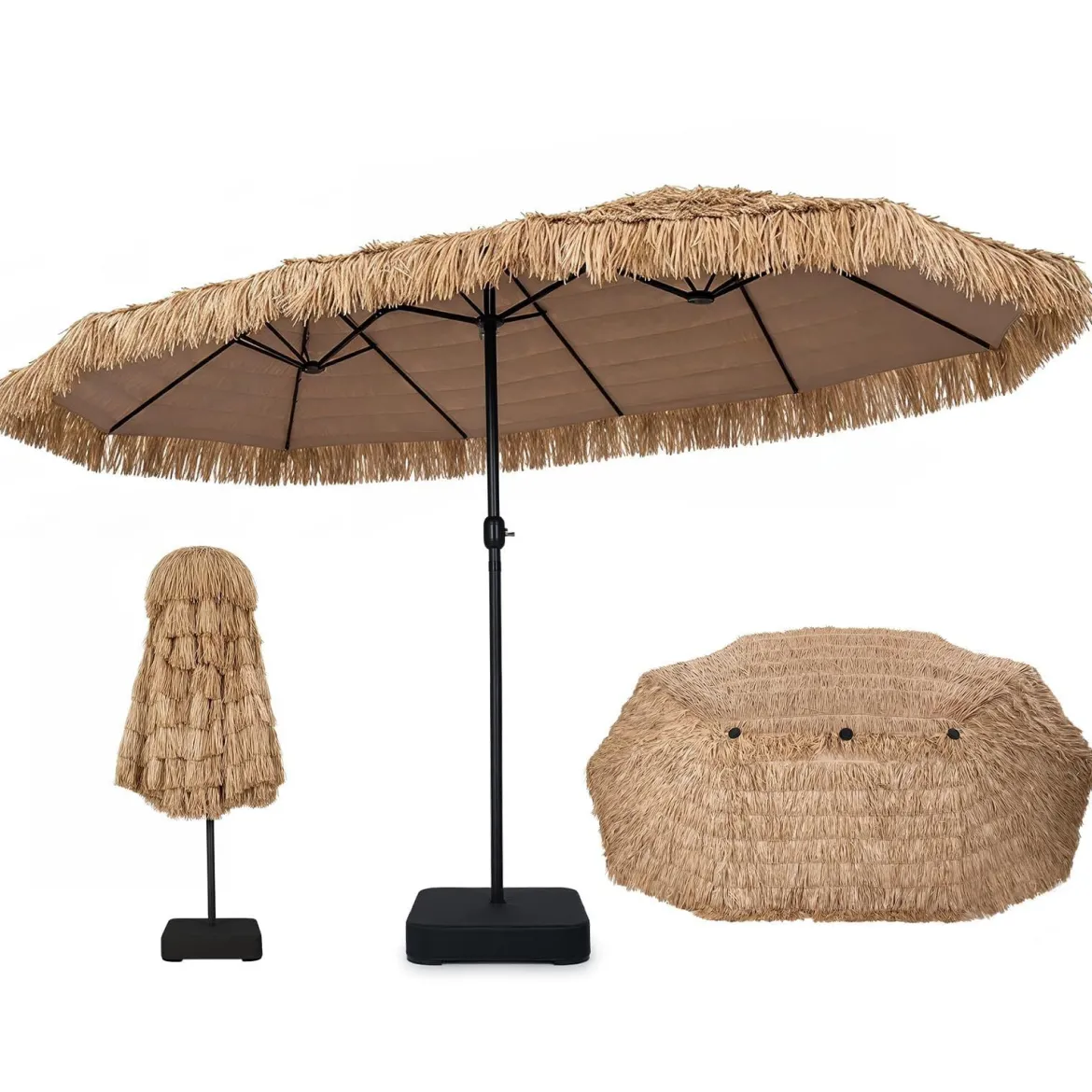 450 cm Hawaii Sonnenschirm mit Schirmständer Strohschirm mit Kurbel & 12 Metallstreben