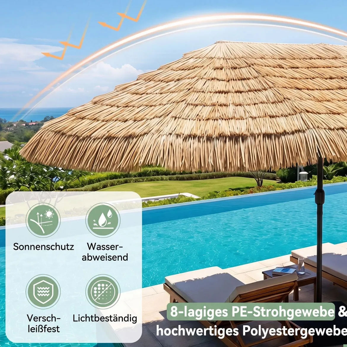 450 cm Hawaii Sonnenschirm mit Schirmständer Strohschirm mit Kurbel & 12 Metallstreben