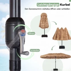 450 cm Hawaii Sonnenschirm mit Schirmständer Strohschirm mit Kurbel & 12 Metallstreben