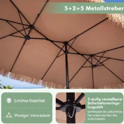 450 cm Hawaii Sonnenschirm mit Schirmständer Strohschirm mit Kurbel & 12 Metallstreben