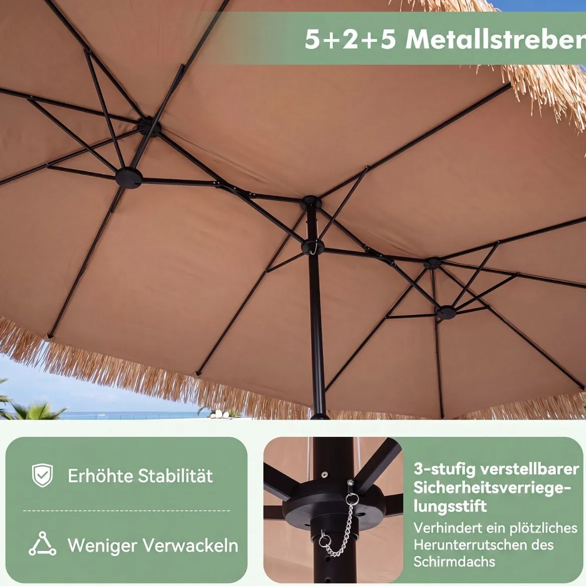 450 cm Hawaii Sonnenschirm mit Schirmständer Strohschirm mit Kurbel & 12 Metallstreben