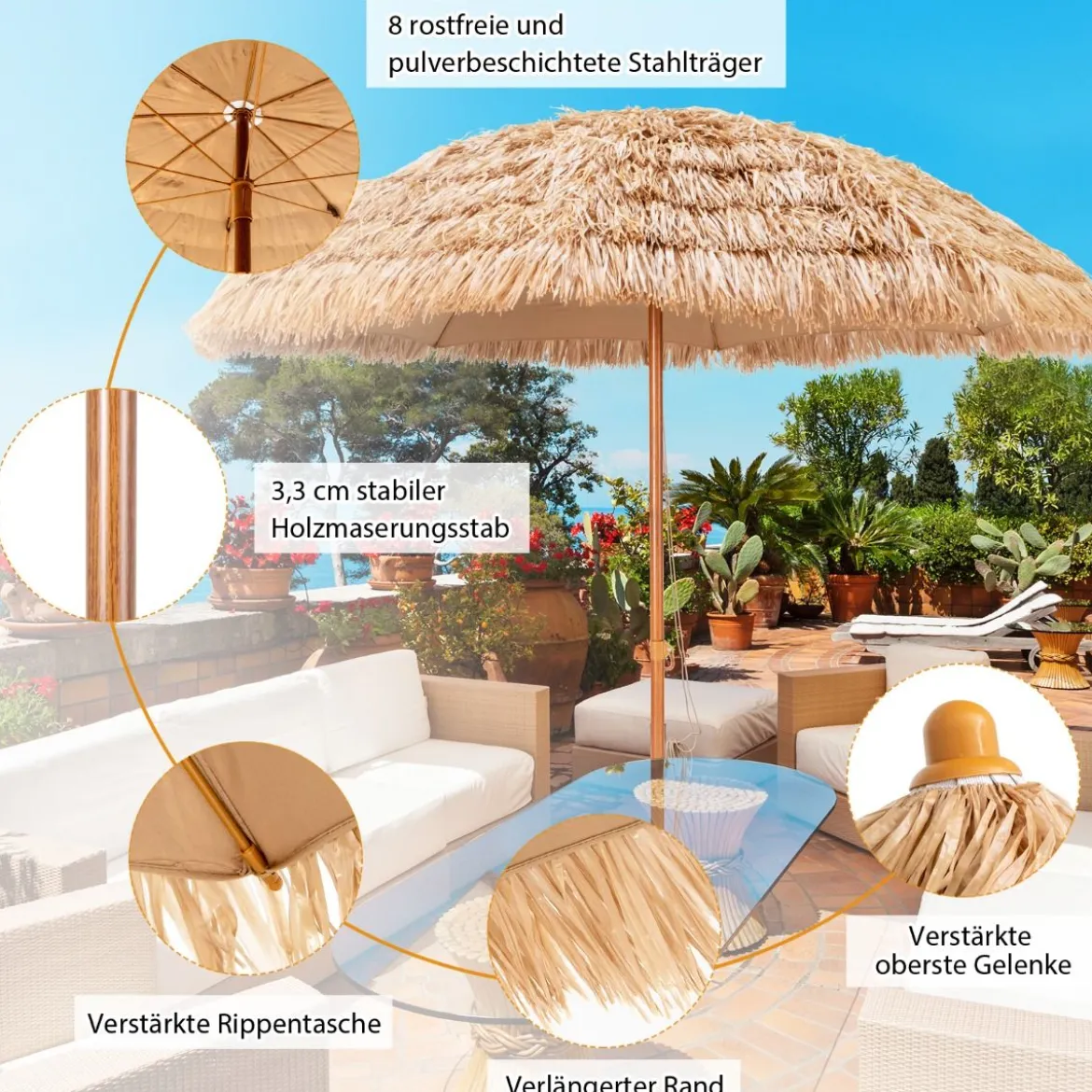Ø205cm Hawaii Sonnenschirm Stroh Strandschirm Gartenschirm Strohschirm Terrassenschirm