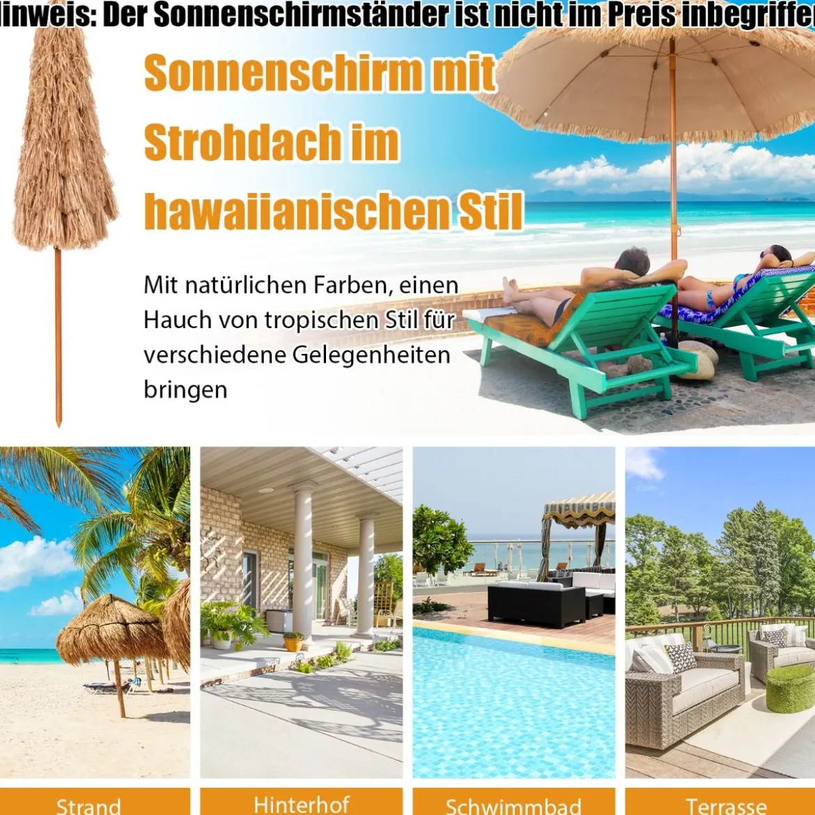 Ø205cm Hawaii Sonnenschirm Stroh Strandschirm Gartenschirm Strohschirm Terrassenschirm