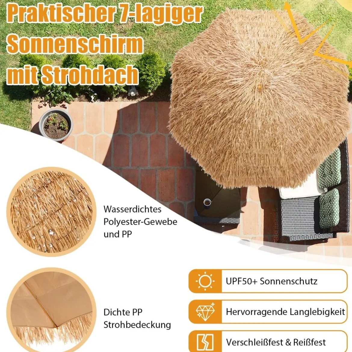 Ø205cm Hawaii Sonnenschirm Stroh Strandschirm Gartenschirm Strohschirm Terrassenschirm
