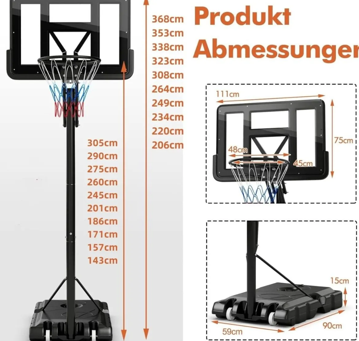 245-305 cm Höhenverstellbarer Basketballständer Tragbarer Basketballkorb mit Ständer Schwarz